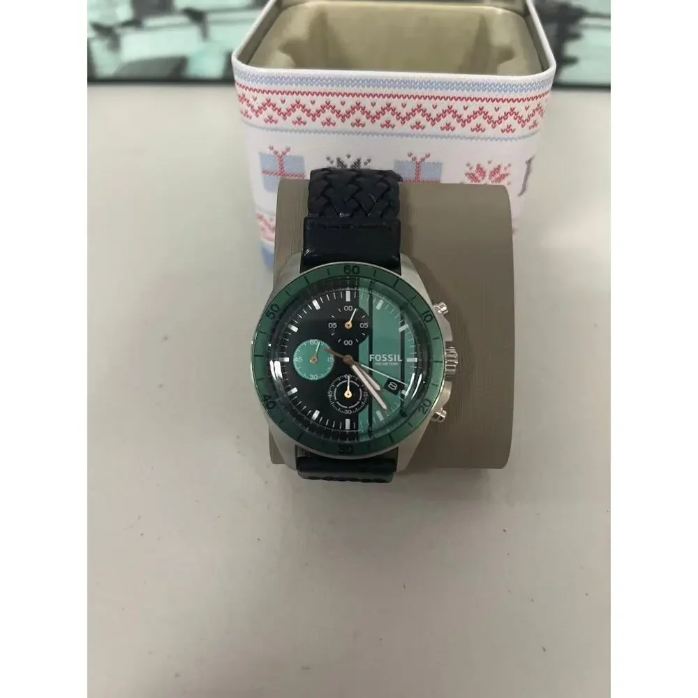Fossil Men's Chronograph Watch BQ1623 Mint & Black Dial Braided Leather NIB 100m